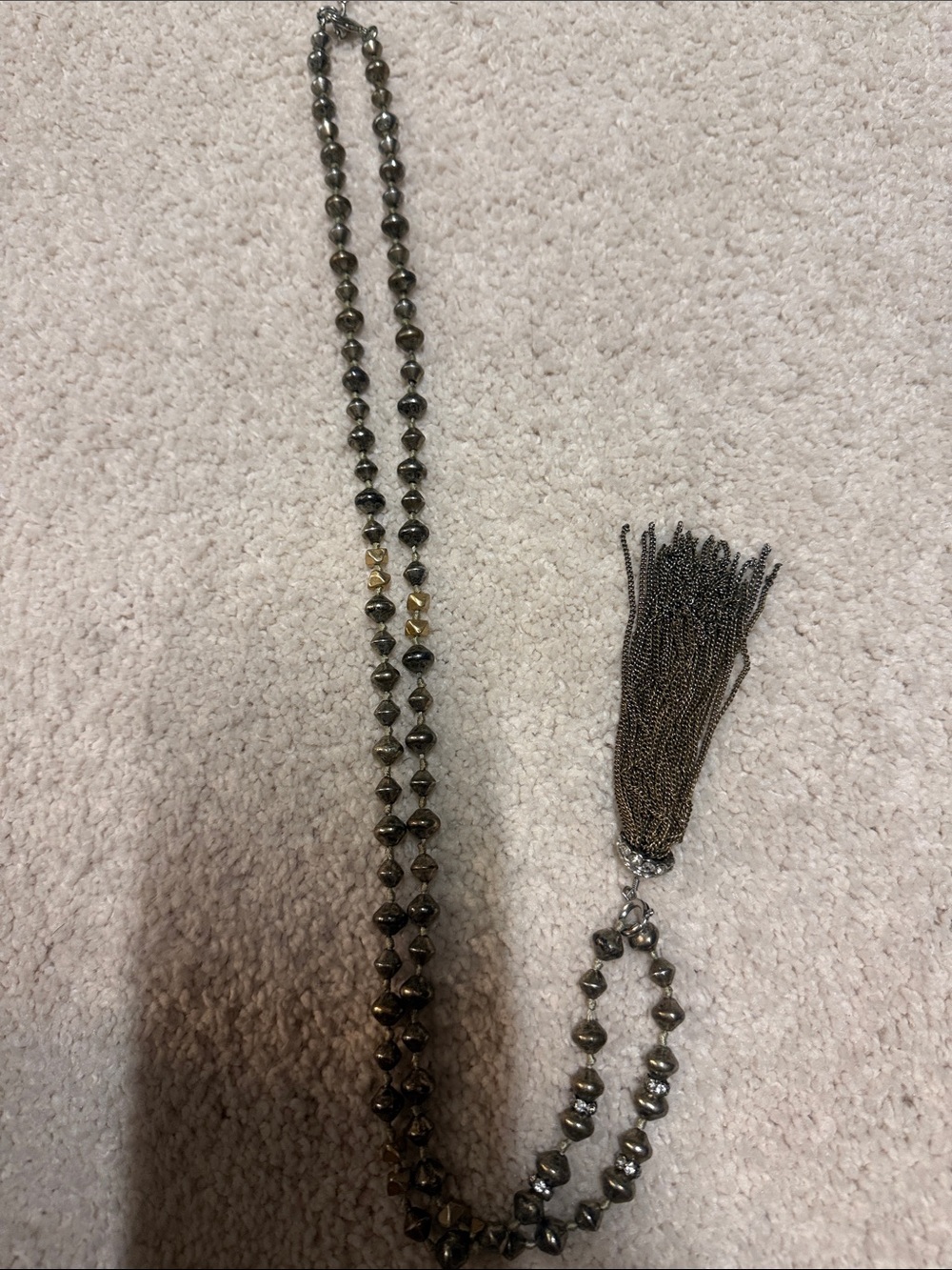 Stella & Dot Gunmetal Beaded Tassel Necklace with Gold Accents